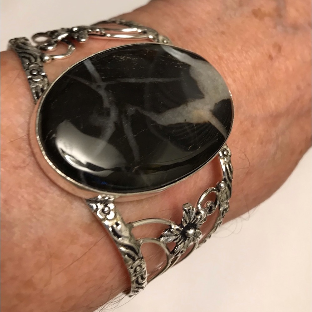 Botswana Agate Stamped 925 Sterling Silver Cuff Bracelet